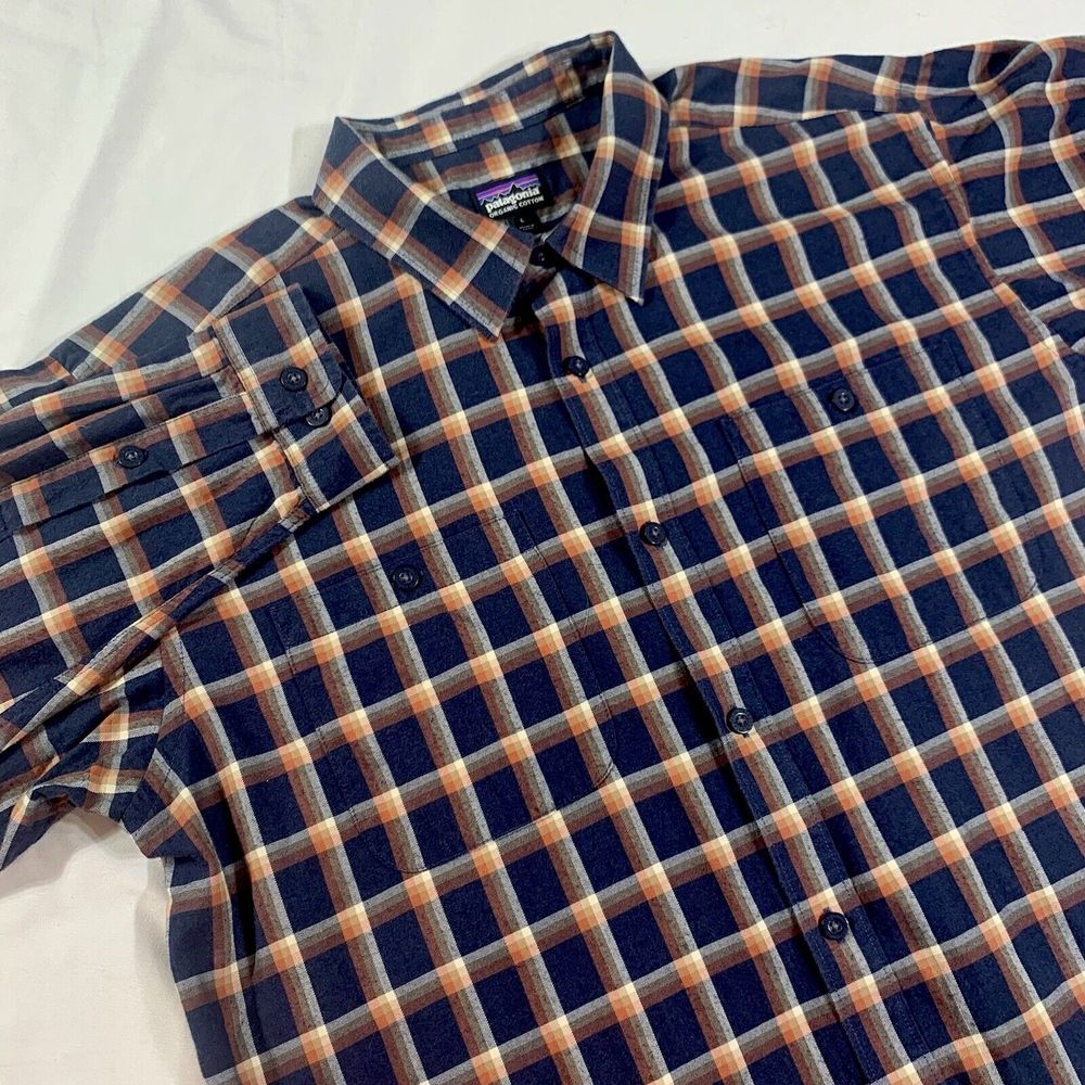 Patagonia‎ Worn Wear Organic Cotton L/S Button Up Shirt Size L Blue Orange Plaid